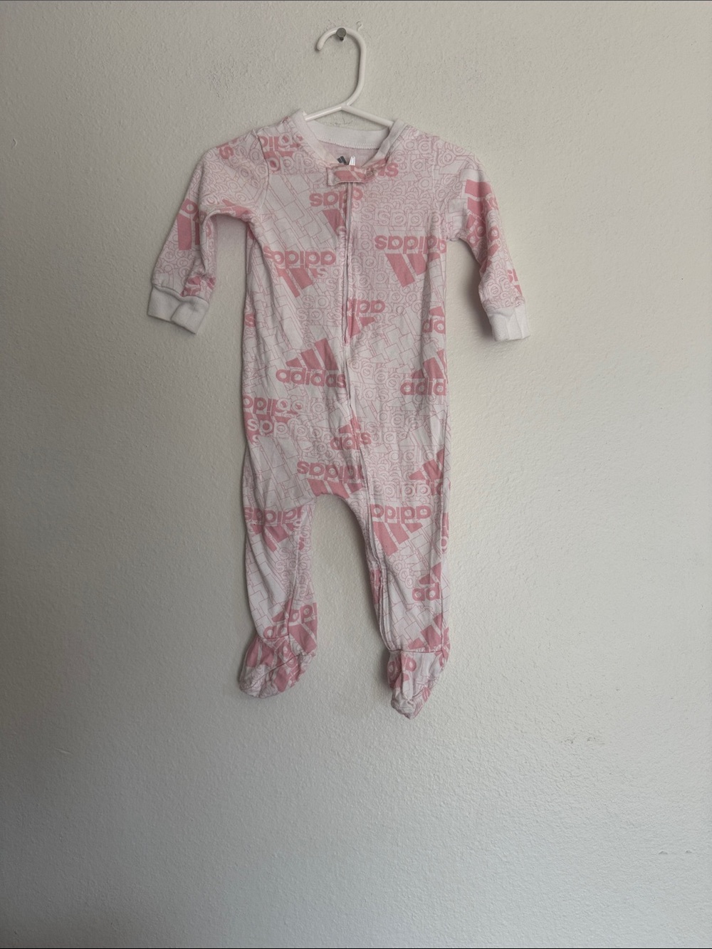 adidas White and Pink Logo Footed Baby One-Piece
